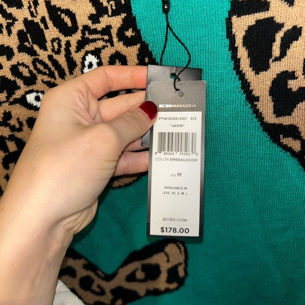 NWT BCBGMaxAzria Jaxin cheetah print emerald sweater - Picture 4 of 7